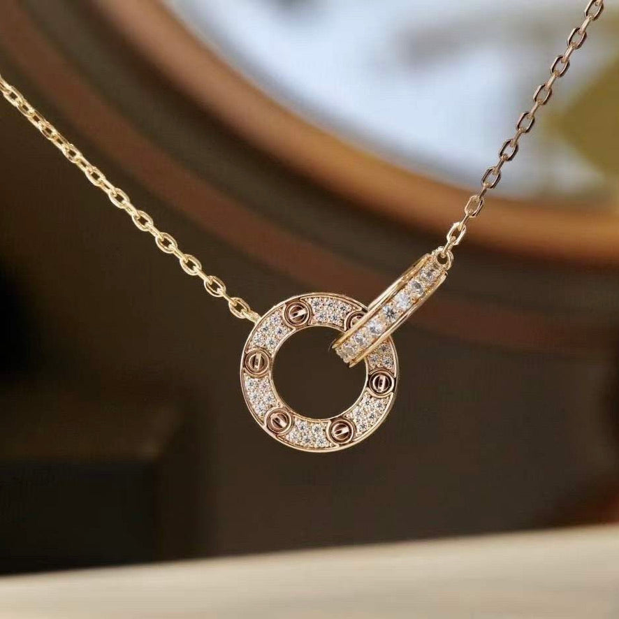 [Clover Jewels]LOVE 7.6MM NECKLACE ROSE GOLD AND SILVER  FULL DIAMOND