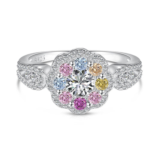 [Clover Jewels]Delicate Colorful Round Cut Flower Shape Wedding Ring