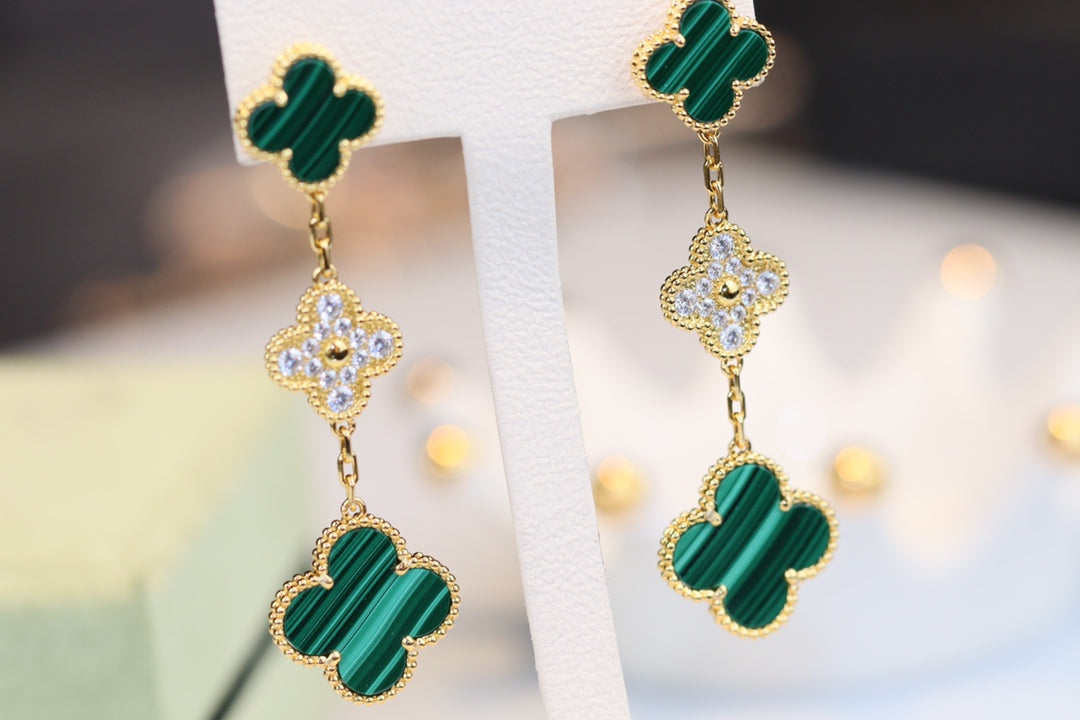 [Clover Jewels]CLOVER EARRINGS GOLD MALACHITE DIAMOND 3 MOTIF