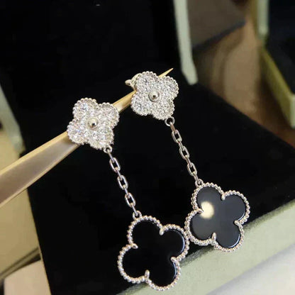 [Clover Jewels]CLOVER 2 MOTIFS  DIAMOND ONYX EARRINGS SILVER