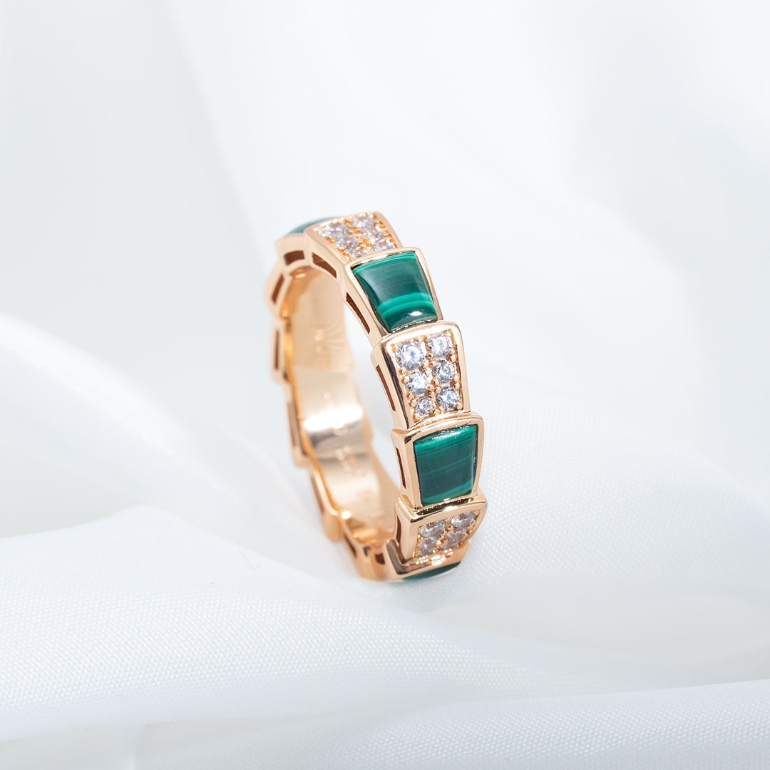 [Clover Jewels]SERPENTI RING PINK GOLD MALACHITE DIAMOND PAVED 4MM