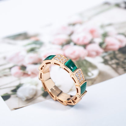 [Clover Jewels]SERPENTI RING PINK GOLD MALACHITE DIAMOND PAVED 4MM