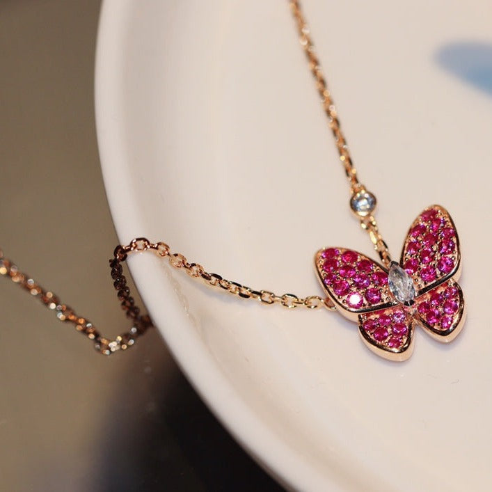 [Clover Jewels]BUTTERFLY RED DIAMOND ROSE GOLD NECKLACE