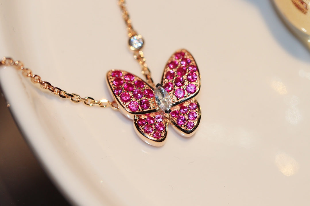 [Clover Jewels]BUTTERFLY RED DIAMOND ROSE GOLD NECKLACE