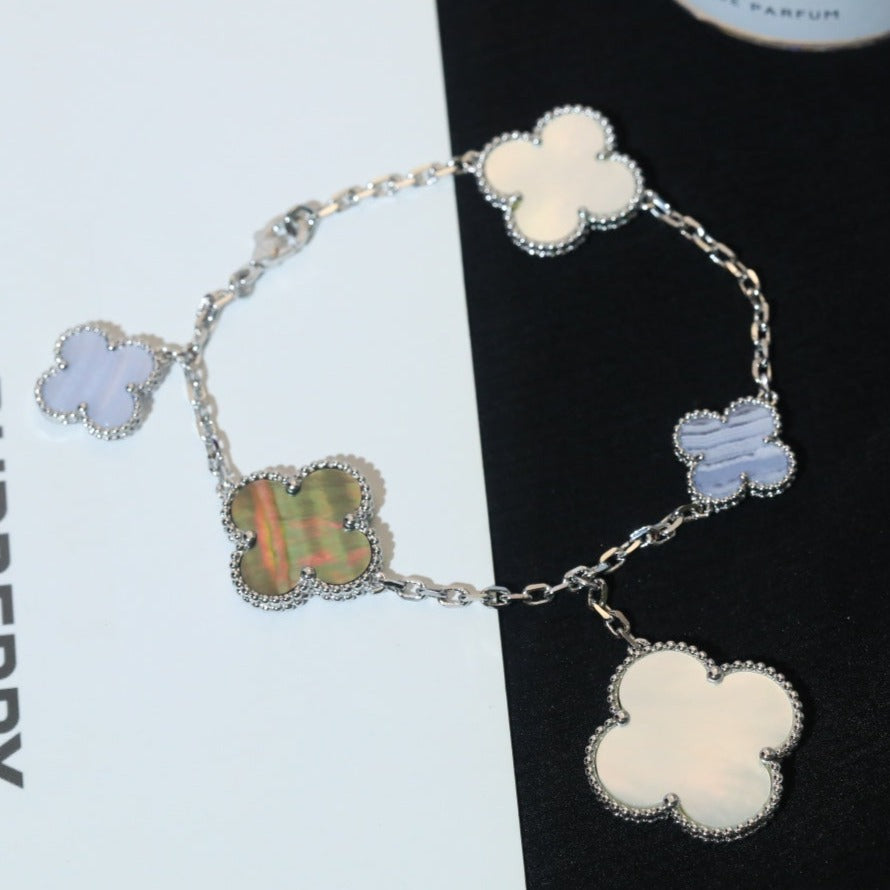 [Clover Jewels]CLOVER BRACELET 5 MOTIFS MOP CHALCEDONY SILVER