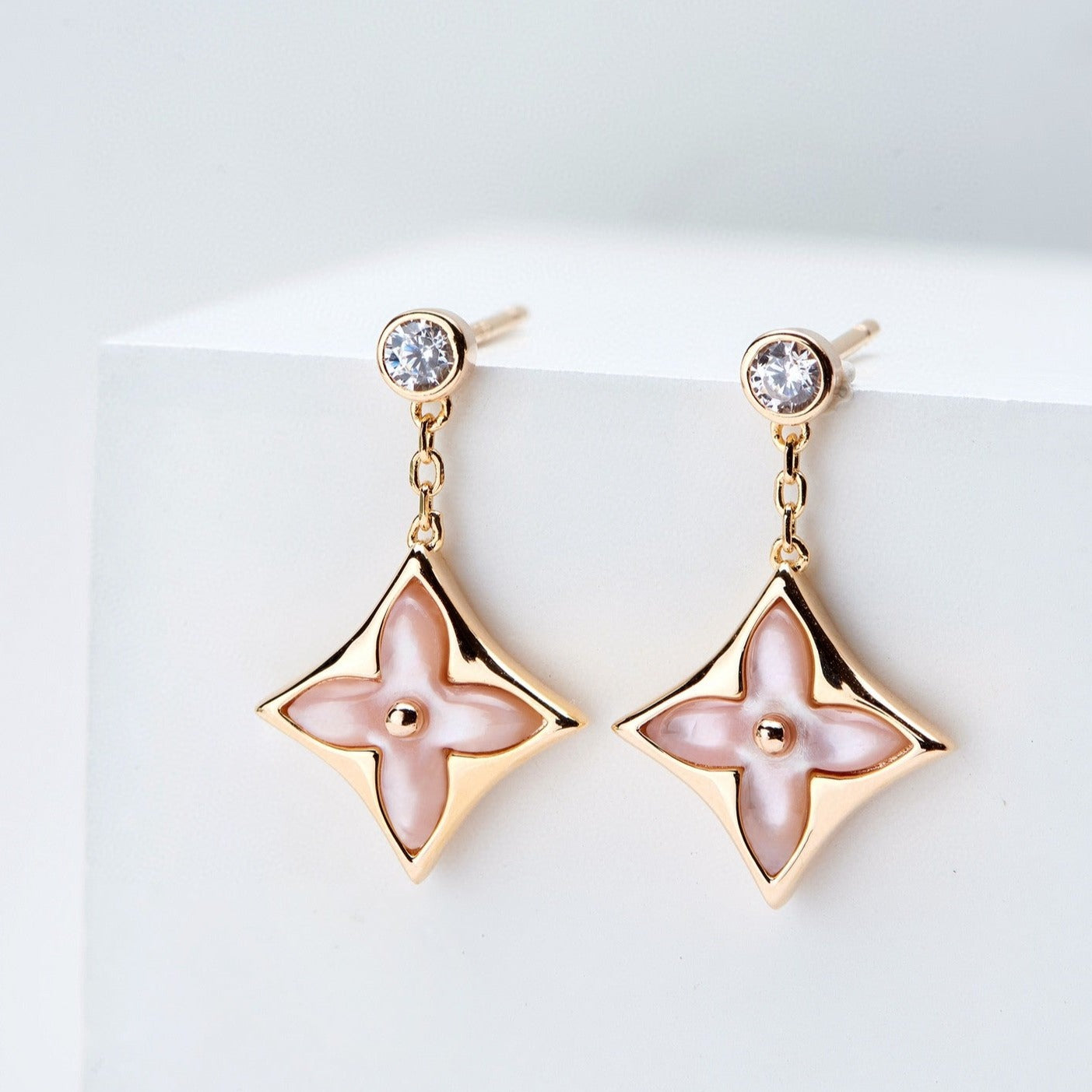 [Clover Jewels]DOUBLE STAR PINK GOLD MOP DROP EARRINGS