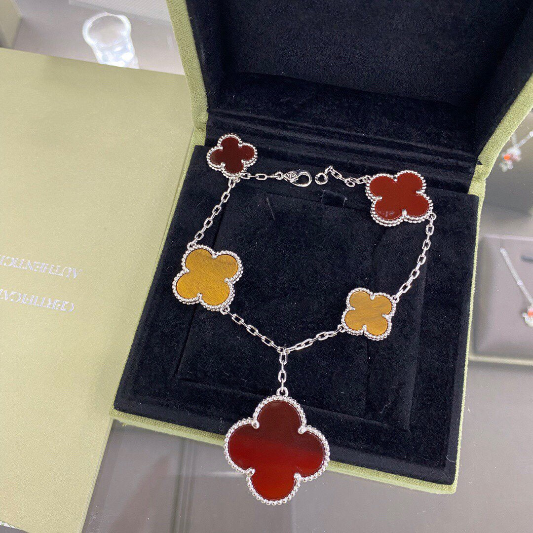 [Clover Jewels]CLOVER 5 MOTIFS SIVLER CARNELIAN TIGER EYE BRACELET