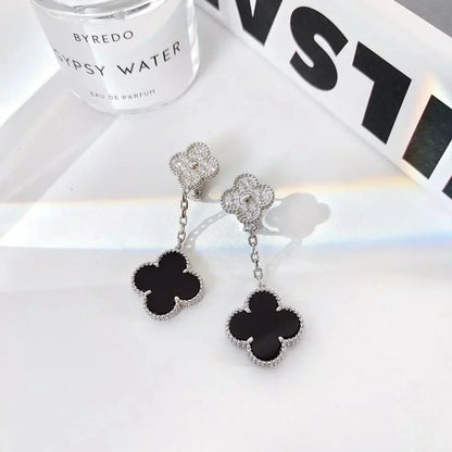 [Clover Jewels]CLOVER 2 MOTIFS  DIAMOND ONYX EARRINGS SILVER