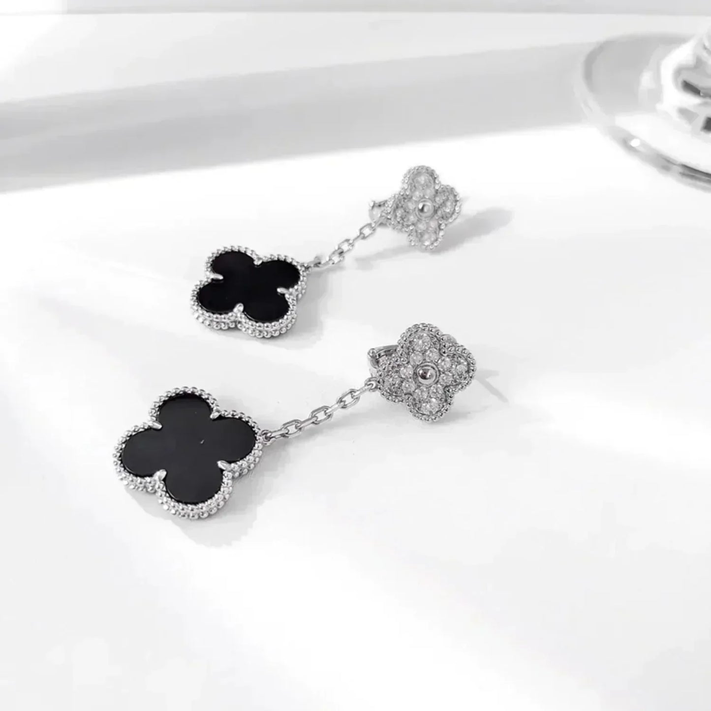 [Clover Jewels]CLOVER 2 MOTIFS  DIAMOND ONYX EARRINGS SILVER