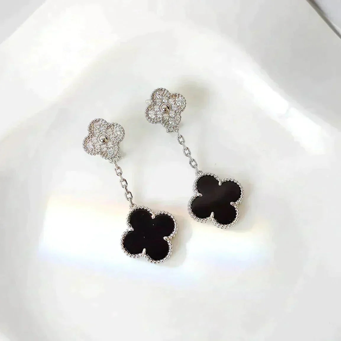 [Clover Jewels]CLOVER 2 MOTIFS  DIAMOND ONYX EARRINGS SILVER