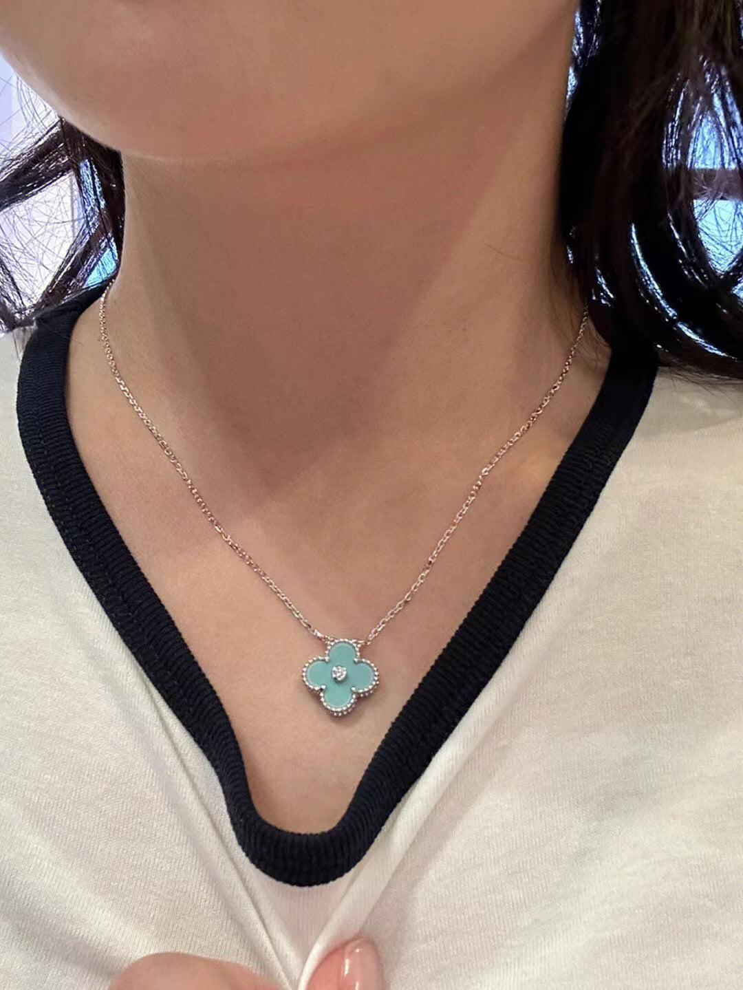 [Clover Jewels]CLOVER 1 DIAMOND LIGHT BLUE SILVER NECKLACE