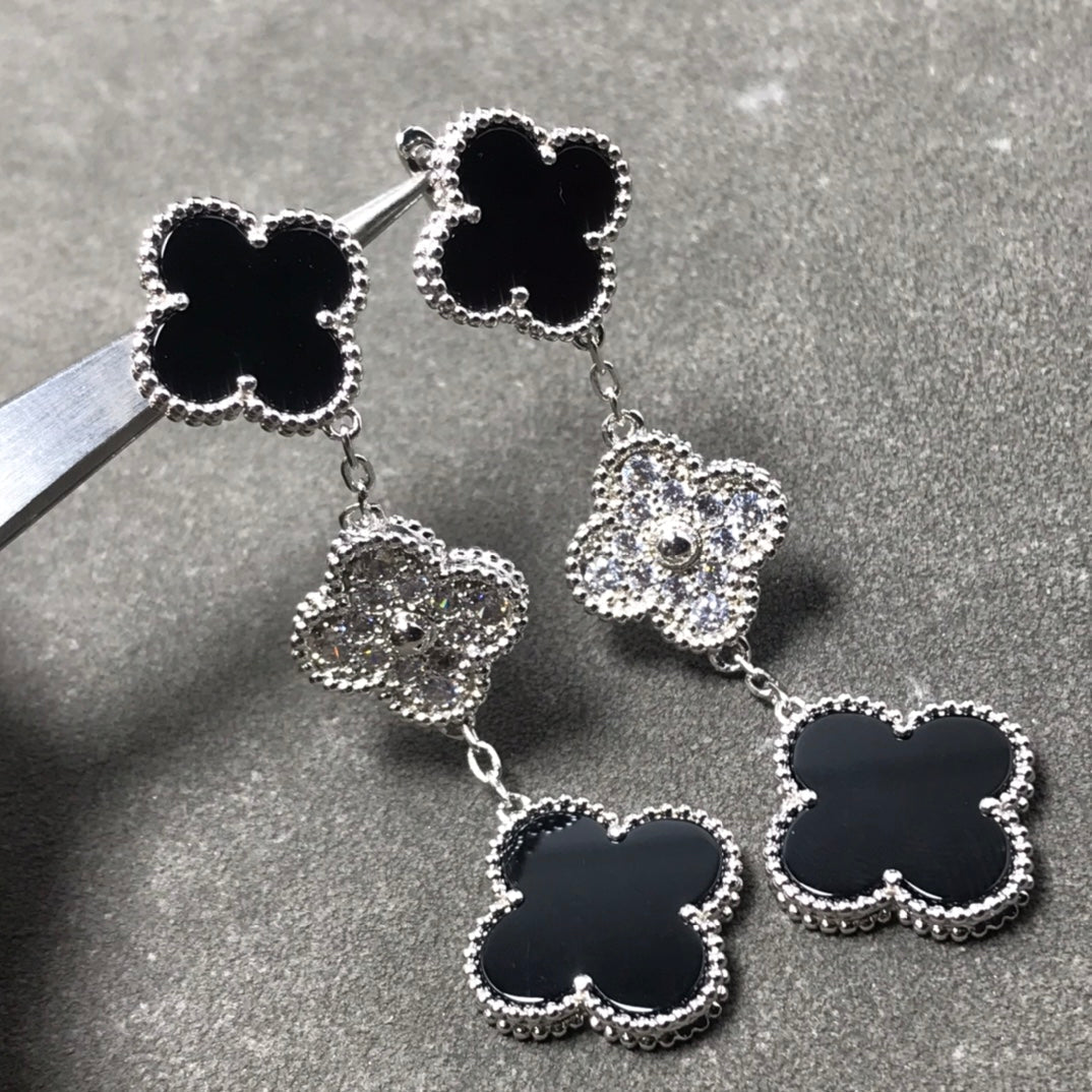 [Clover Jewels]CLOVER 3 MOTIF DIAMOND ONYX SILVER EARRINGS