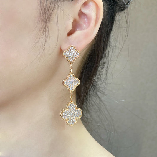 [Clover Jewels]CLOVER 3 MOTIFS DIAMOND PAVED ROSE GOLD EARRINGS