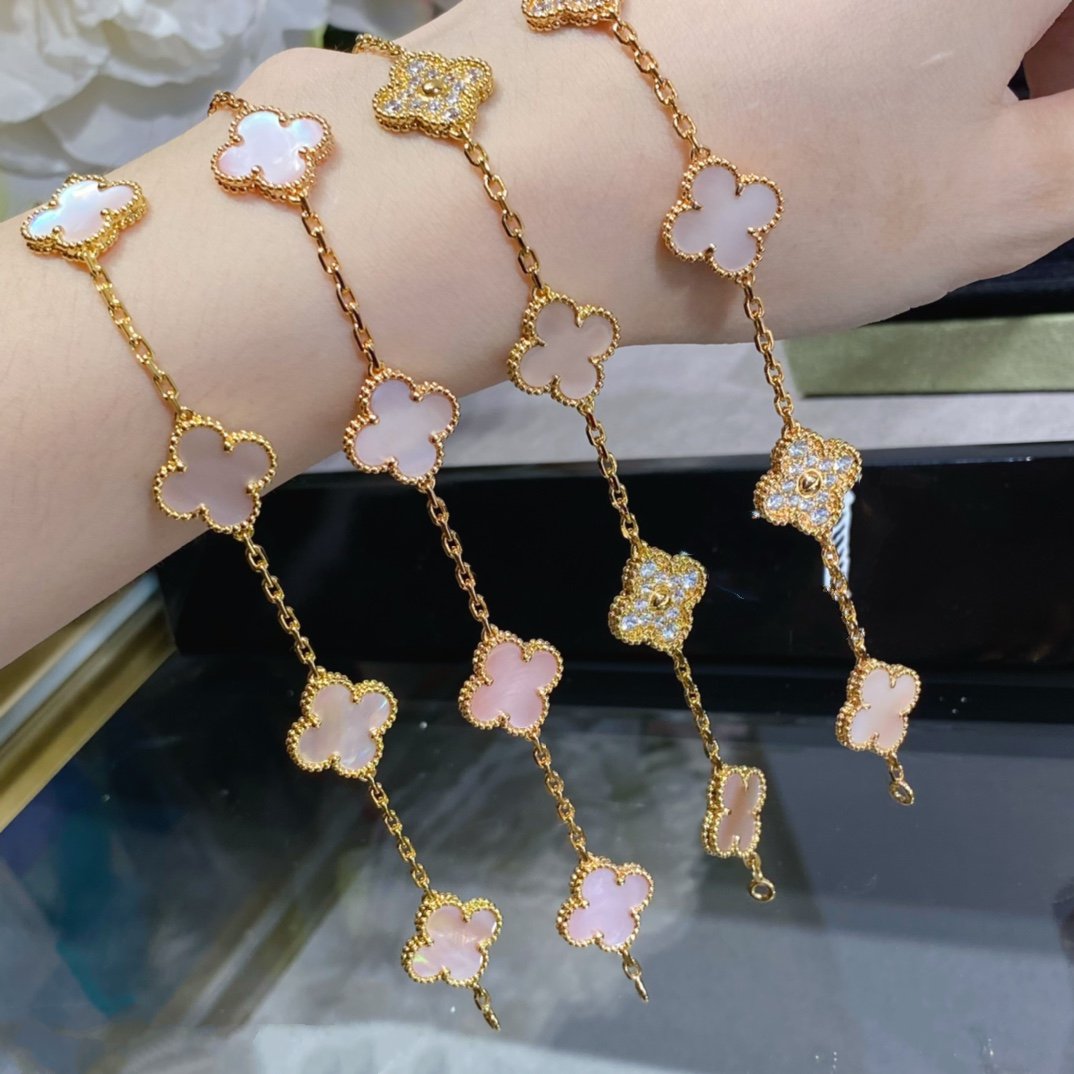 [Clover Jewels]CLOVER 5 MOTIF DIAMOND PINK MOP PINK GOLD BRACELET