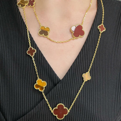 [Clover Jewels]CLOVER 16 MOTIF CARNELIAN TIGER EYE ROSE GOLD NECKLACE