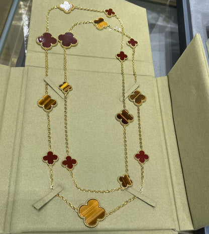 [Clover Jewels]CLOVER 16 MOTIF CARNELIAN TIGER EYE ROSE GOLD NECKLACE