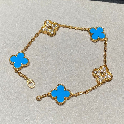 [Clover Jewels]CLOVER 5 MOTIF BLUE CHALCEDONY DIAMOND GOLD BRACELET