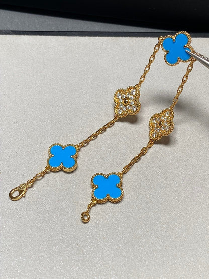 [Clover Jewels]CLOVER 5 MOTIF BLUE CHALCEDONY DIAMOND GOLD BRACELET