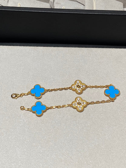 [Clover Jewels]CLOVER 5 MOTIF BLUE CHALCEDONY DIAMOND GOLD BRACELET