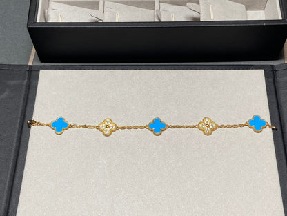 [Clover Jewels]CLOVER 5 MOTIF BLUE CHALCEDONY DIAMOND GOLD BRACELET