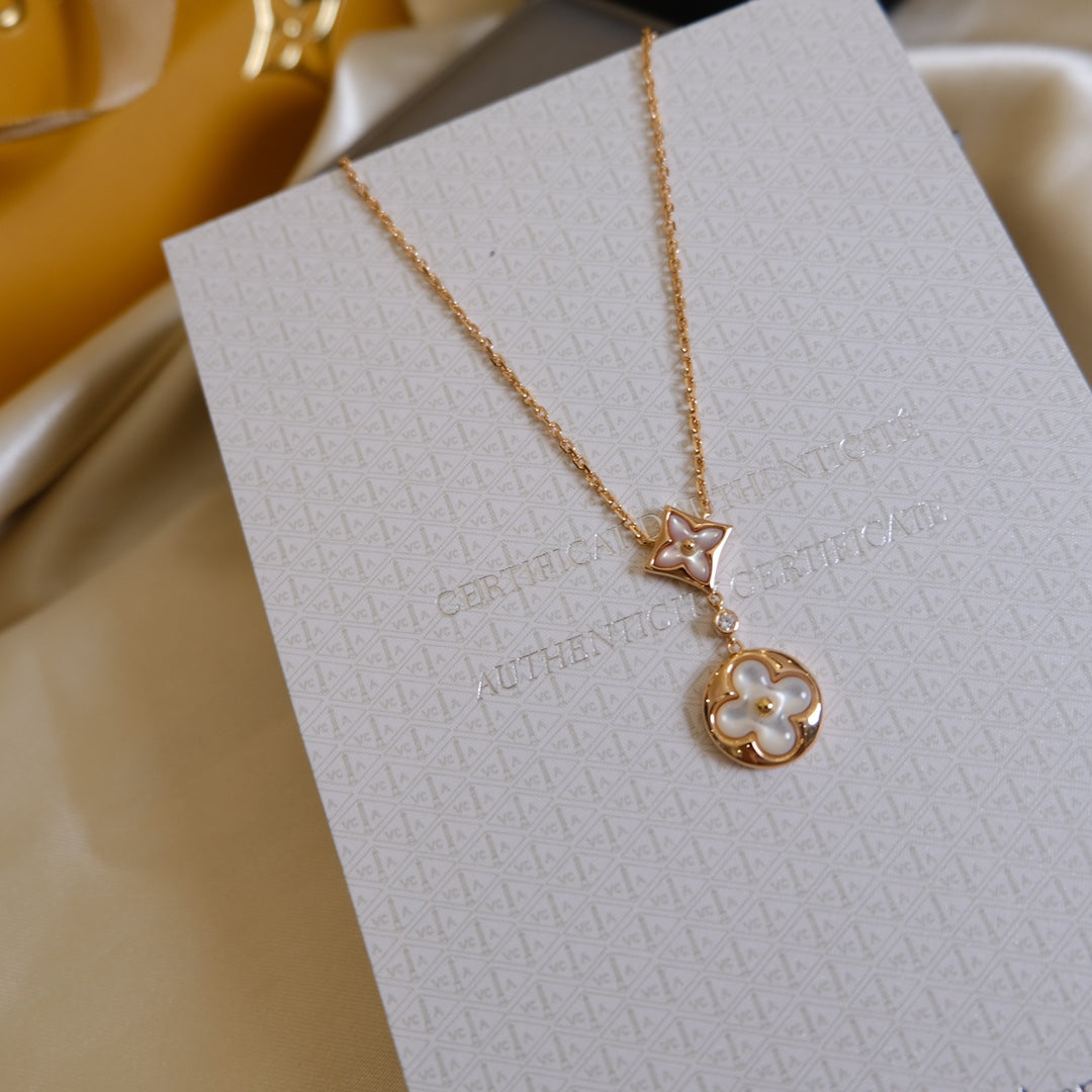 [Clover Jewels]STAR AND SUN WHITE MOP 2 MOTIF PINK GOLD NECKLACE