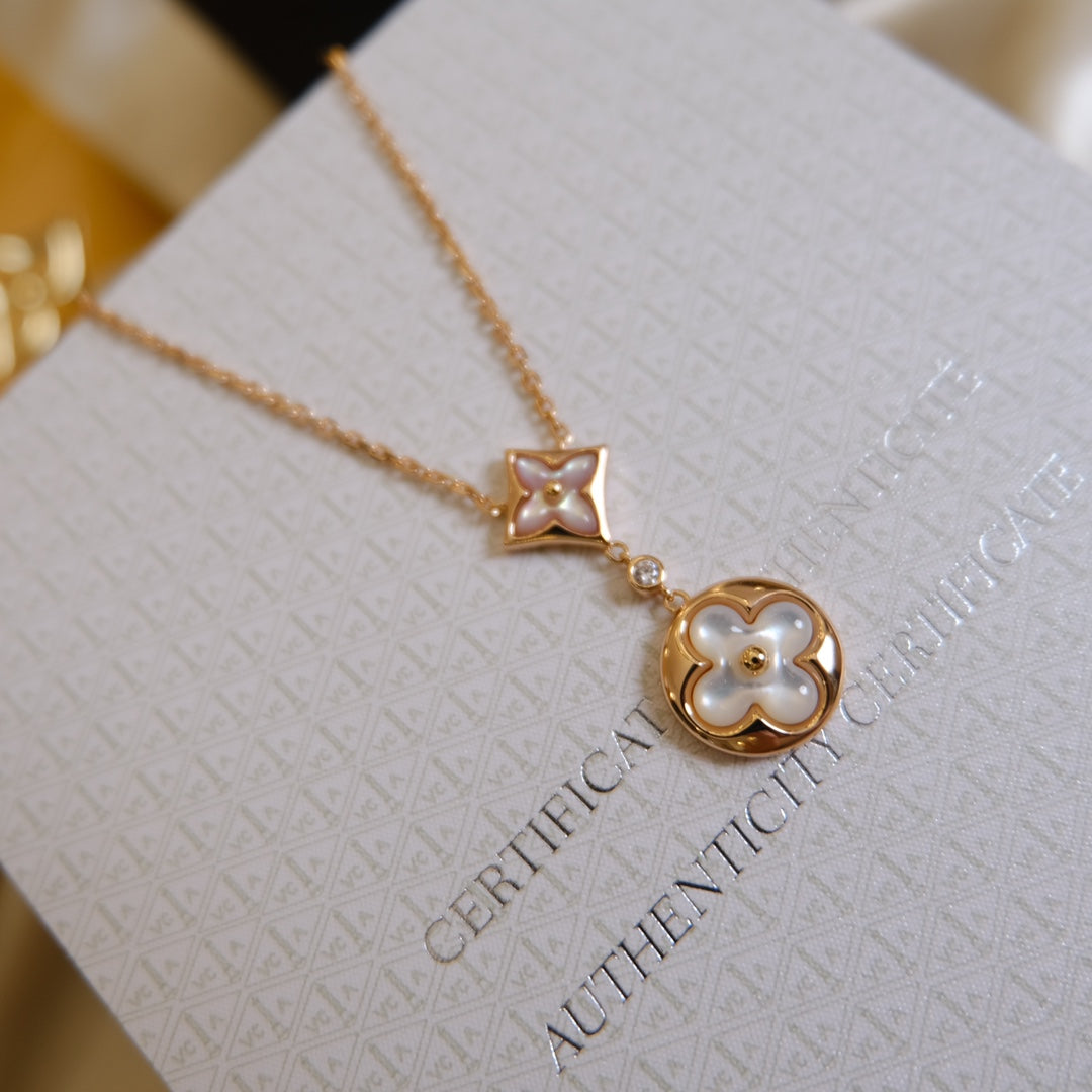 [Clover Jewels]STAR AND SUN WHITE MOP 2 MOTIF PINK GOLD NECKLACE