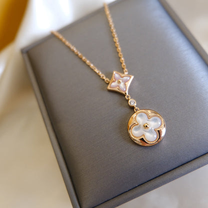 [Clover Jewels]STAR AND SUN WHITE MOP 2 MOTIF PINK GOLD NECKLACE