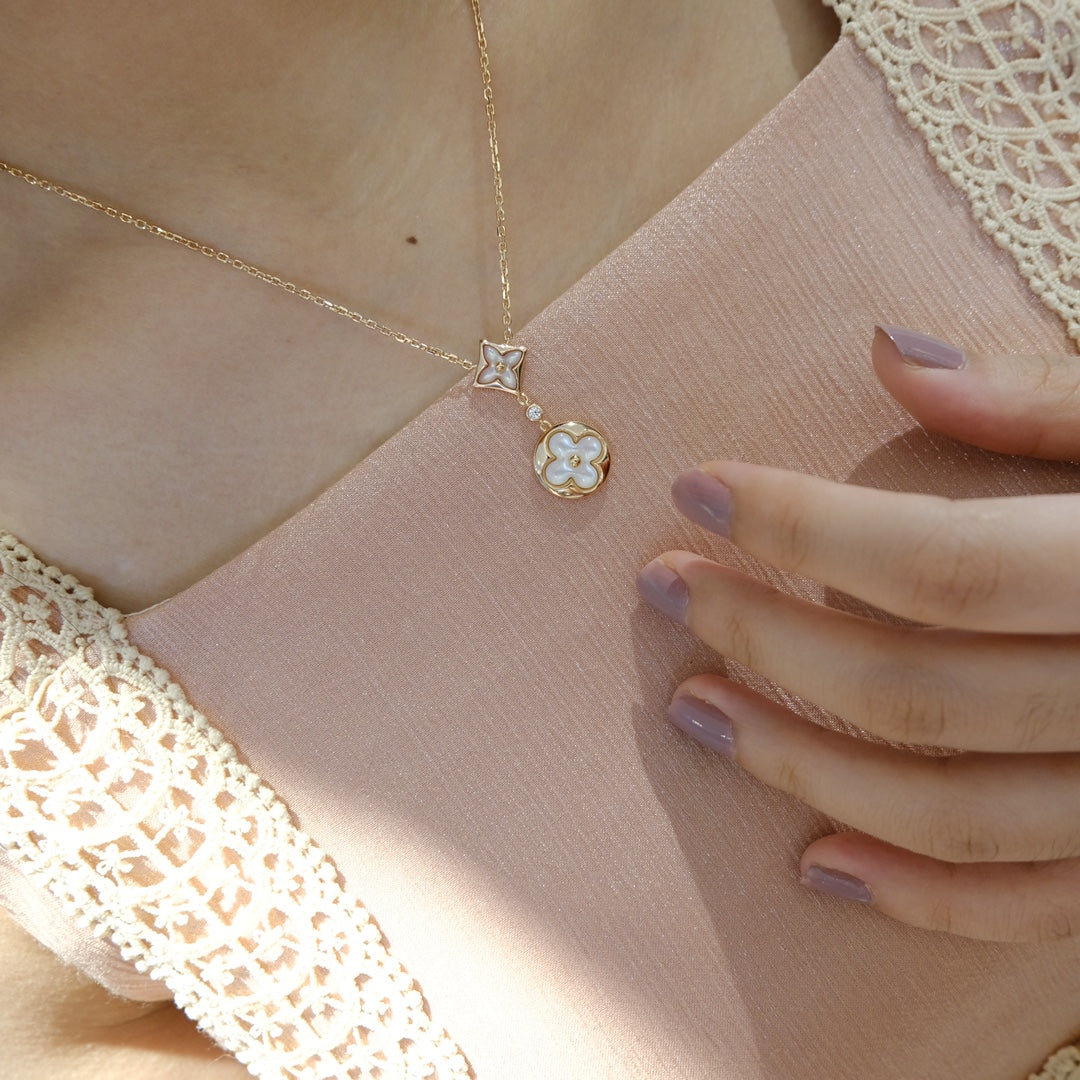 [Clover Jewels]STAR AND SUN WHITE MOP 2 MOTIF PINK GOLD NECKLACE