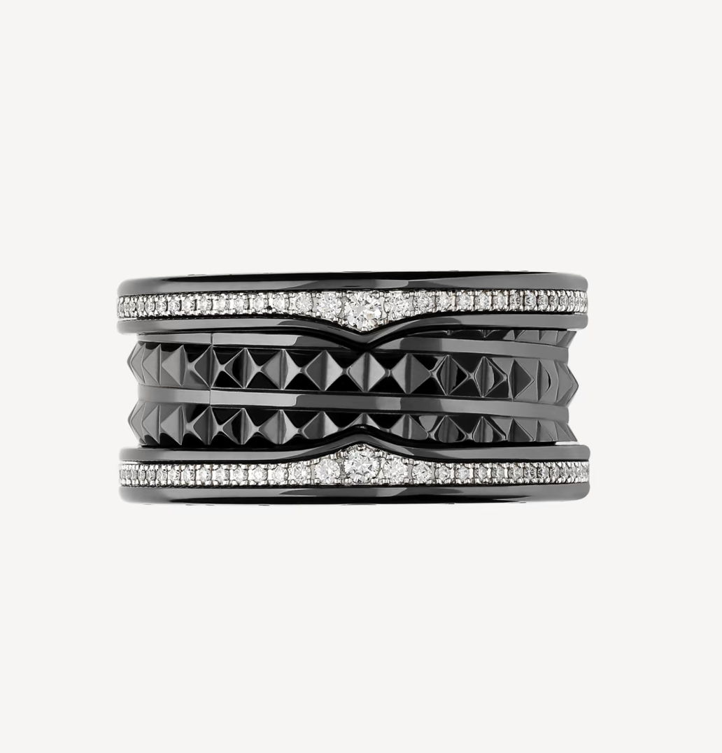 [Clover Jewels]ZERO 1 ROCK FOUR-BAND BLACK CERAMIC WITH STUDDED SPIRAL AND PAVED DIAMONDS RING