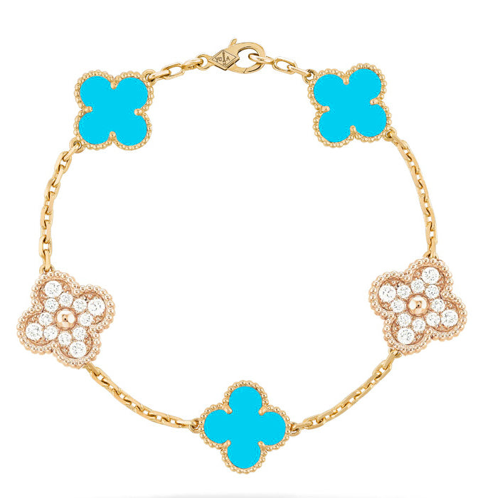 [Clover Jewels]CLOVER 5 MOTIF TURQUOISE DIAMOND GOLD BRACELET