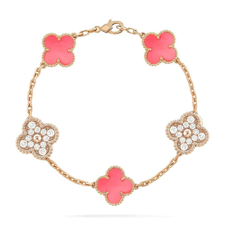 [Clover Jewels]CLOVER 5 MOTIF DIAMOND PINK MOP PINK GOLD BRACELET