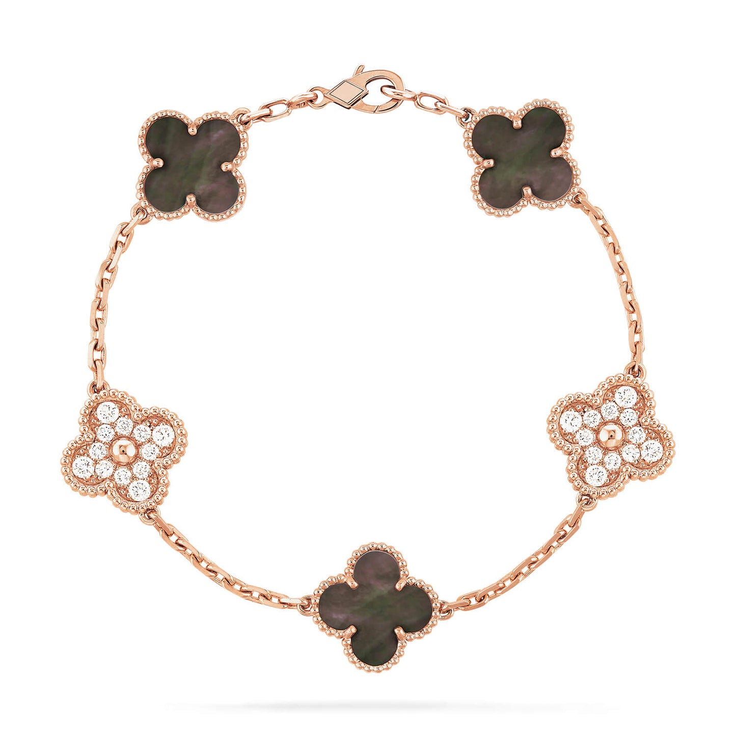 [Clover Jewels]CLOVER 5 MOTIFS DARK MOP AND DIAMONDS PINK GOLD BRACELET