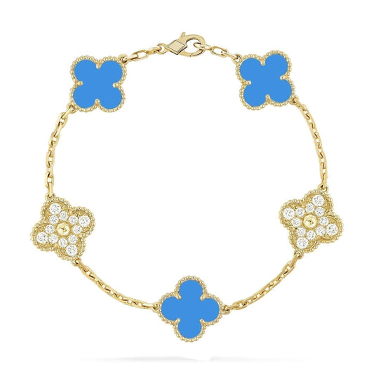 [Clover Jewels]CLOVER 5 MOTIF BLUE CHALCEDONY DIAMOND GOLD BRACELET