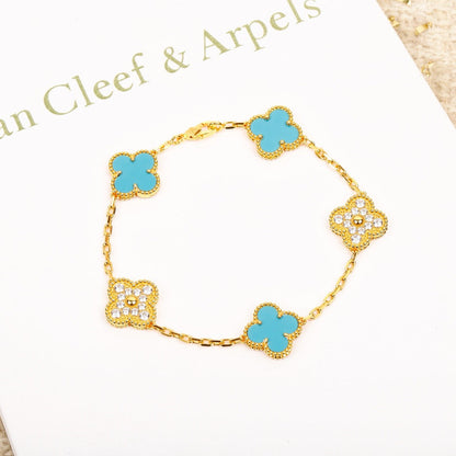 [Clover Jewels]CLOVER 5 MOTIF TURQUOISE DIAMOND GOLD BRACELET