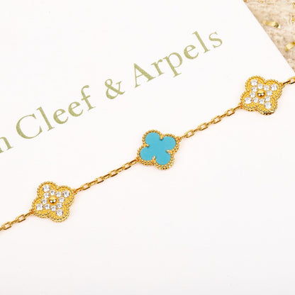 [Clover Jewels]CLOVER 5 MOTIF TURQUOISE DIAMOND GOLD BRACELET