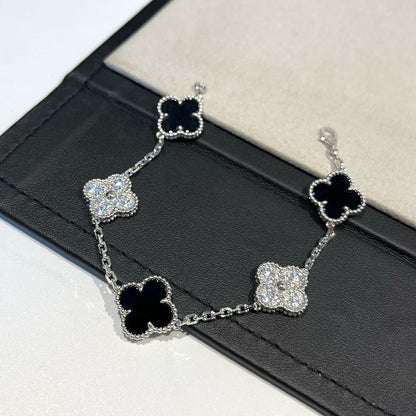 [Clover Jewels]CLOVER 5 MOTIF ONYXS DIAMOND BRACELET SILVER