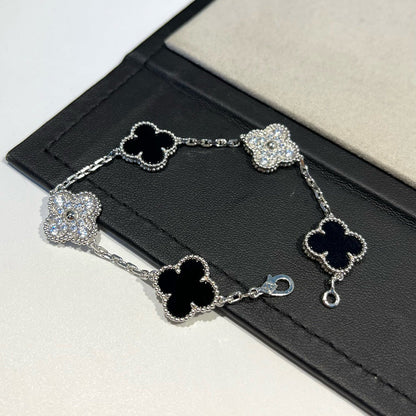 [Clover Jewels]CLOVER 5 MOTIF ONYXS DIAMOND BRACELET SILVER