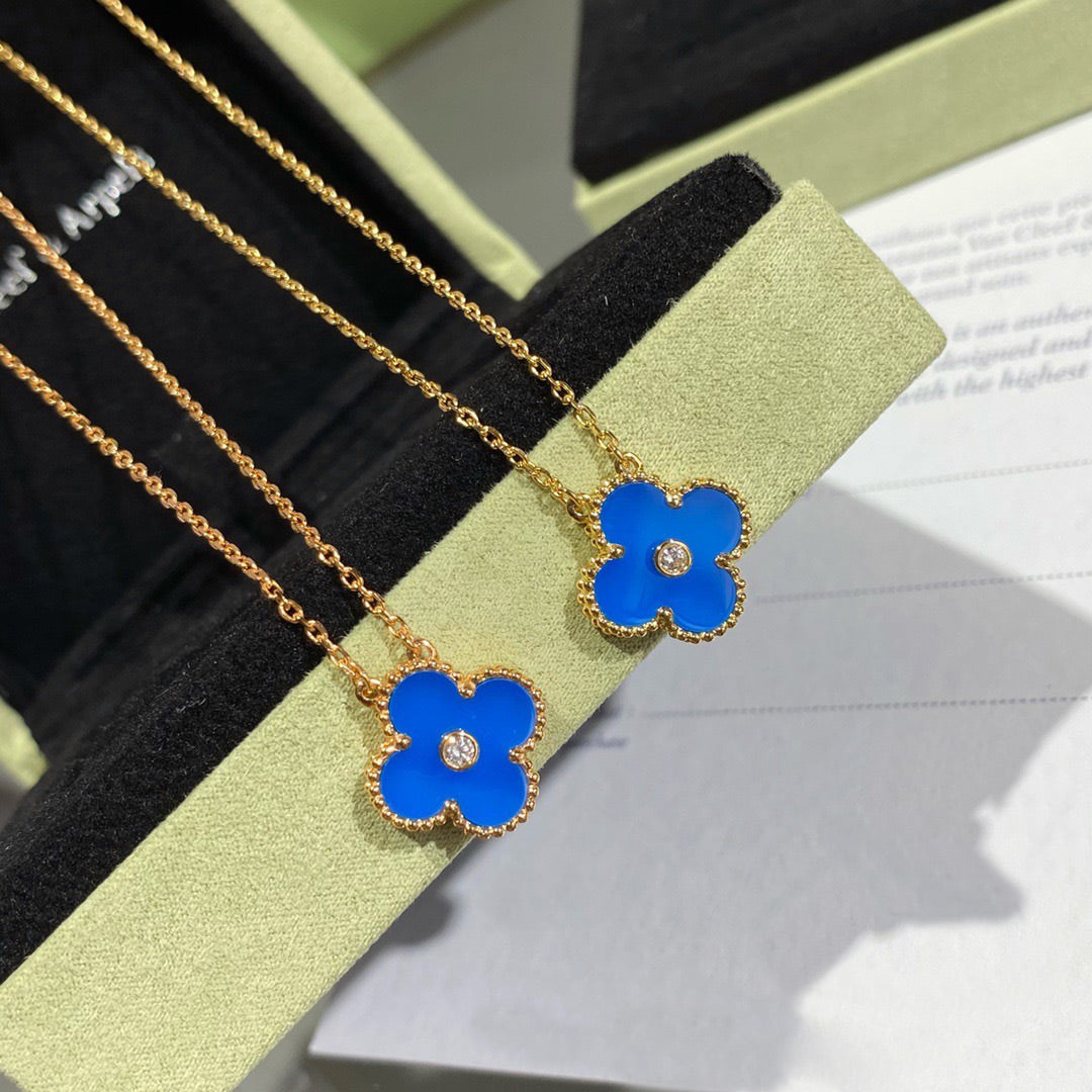 [Clover Jewels]CLOVER 15MM DIAMOND AND BLUE AGATE NECKLACE