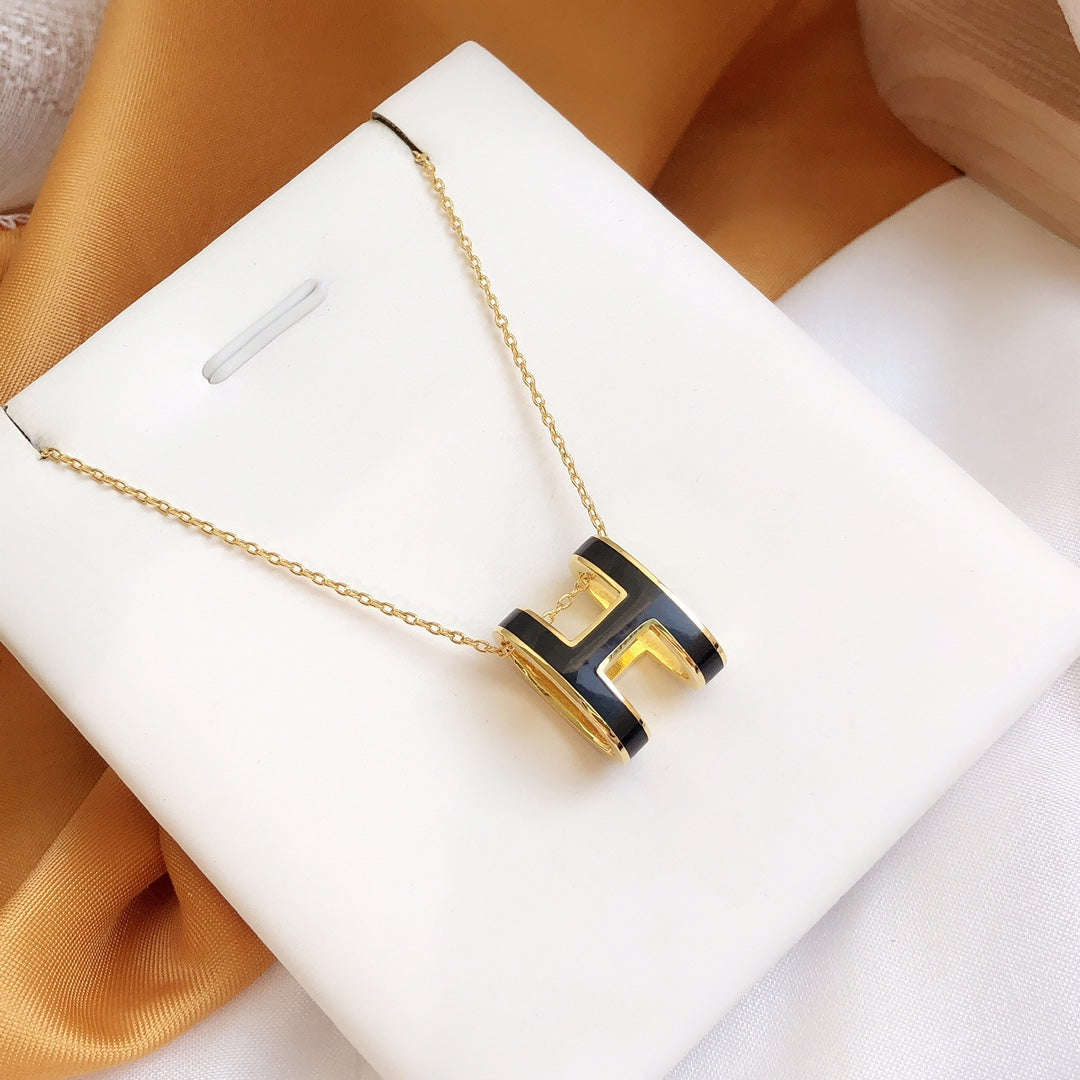 [Clover Jewels]HM CLIC BLACK ENAMEL GOLD NECKLACE