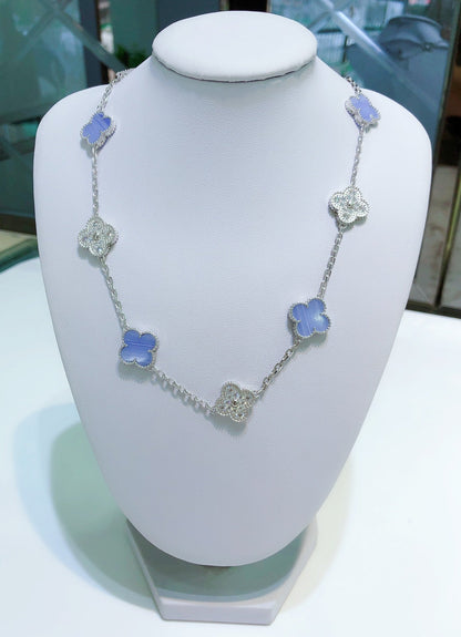 [Clover Jewels]CLOVER 10 MOTIFS CHALCEDONY DIAMONDS SILVER NECKLACE