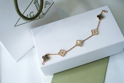 [Clover Jewels]CLOVER 5 MOTIFS DARK MOP AND DIAMONDS PINK GOLD BRACELET