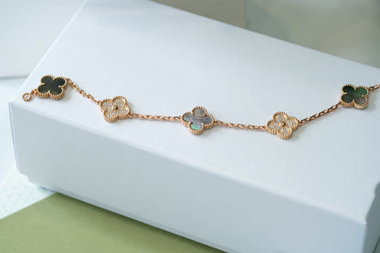 [Clover Jewels]CLOVER 5 MOTIFS DARK MOP AND DIAMONDS PINK GOLD BRACELET