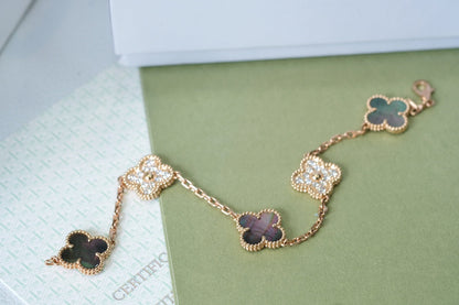 [Clover Jewels]CLOVER 5 MOTIFS DARK MOP AND DIAMONDS PINK GOLD BRACELET