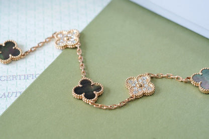 [Clover Jewels]CLOVER 5 MOTIFS DARK MOP AND DIAMONDS PINK GOLD BRACELET